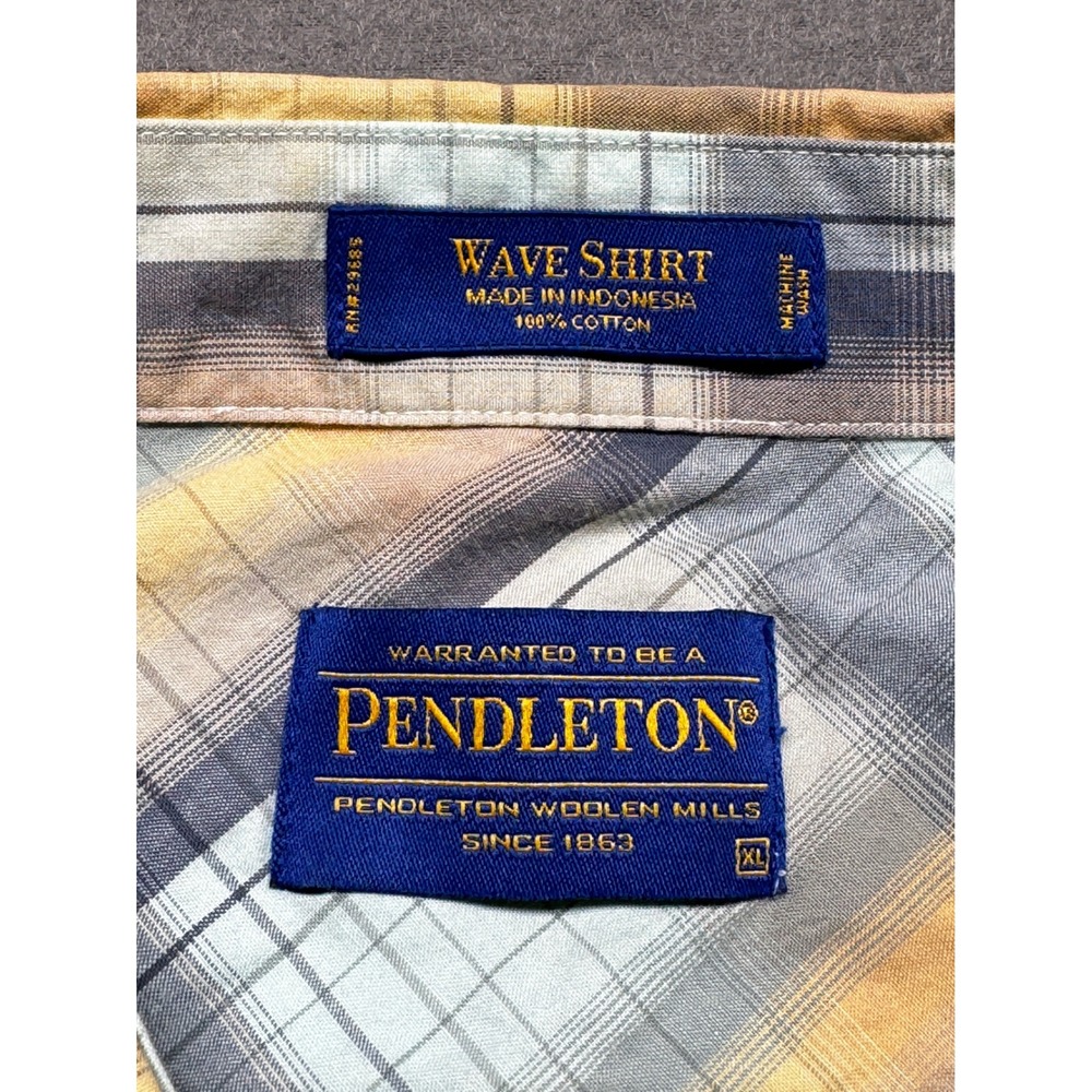 Pendleton Wave Shirt Mens XL Blue Yellow Plaid Cotton Short Sleeve Button Down - Picture 2 of 7